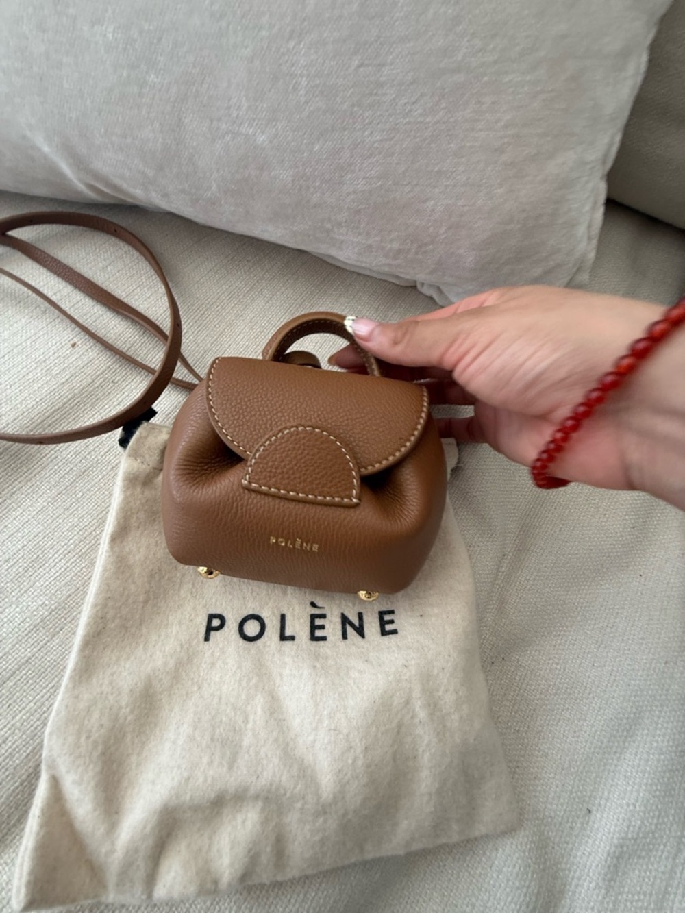 Polène Un Mini Nano Tan Leather Top-Handle Crossbody in Camel